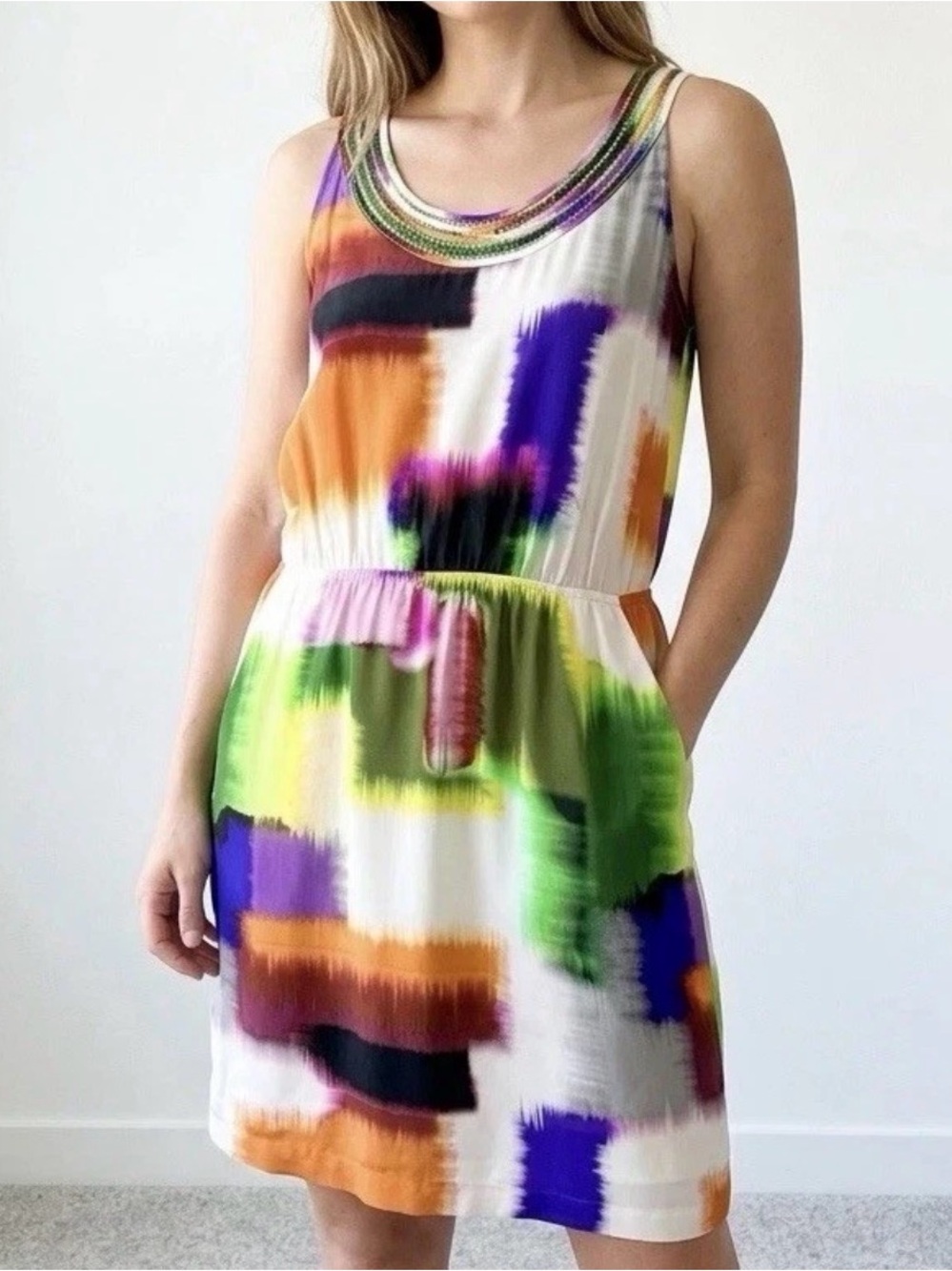 Silk NWT Cluny Watercolor Dress 10 Abstract Colorful Pockets Boho Twee Corpcore